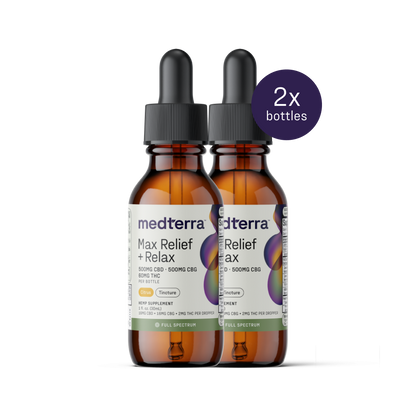 Two bottles of Medterra Max Relief + Relax Full Spectrum CBD Oil are shown. Each amber bottle has a dropper cap and a label indicating 500mg CBG per bottle. A purple circle icon in the top right corner notes "2x bottles." The product is described as offering relaxation support and harnessing the entourage effect.