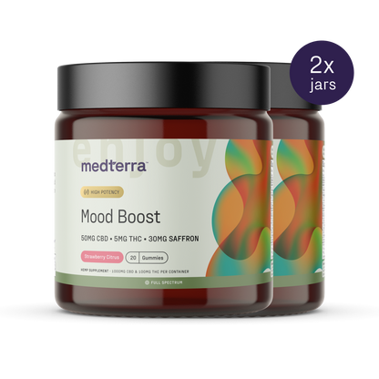 The image showcases two jars of Medterra's Mood Boost CBD Gummies, highlighting high potency with 50mg of CBD, 5mg of THC, and 30mg of saffron per serving in a delightful strawberry citrus flavor. The top-right label indicates "2x jars.