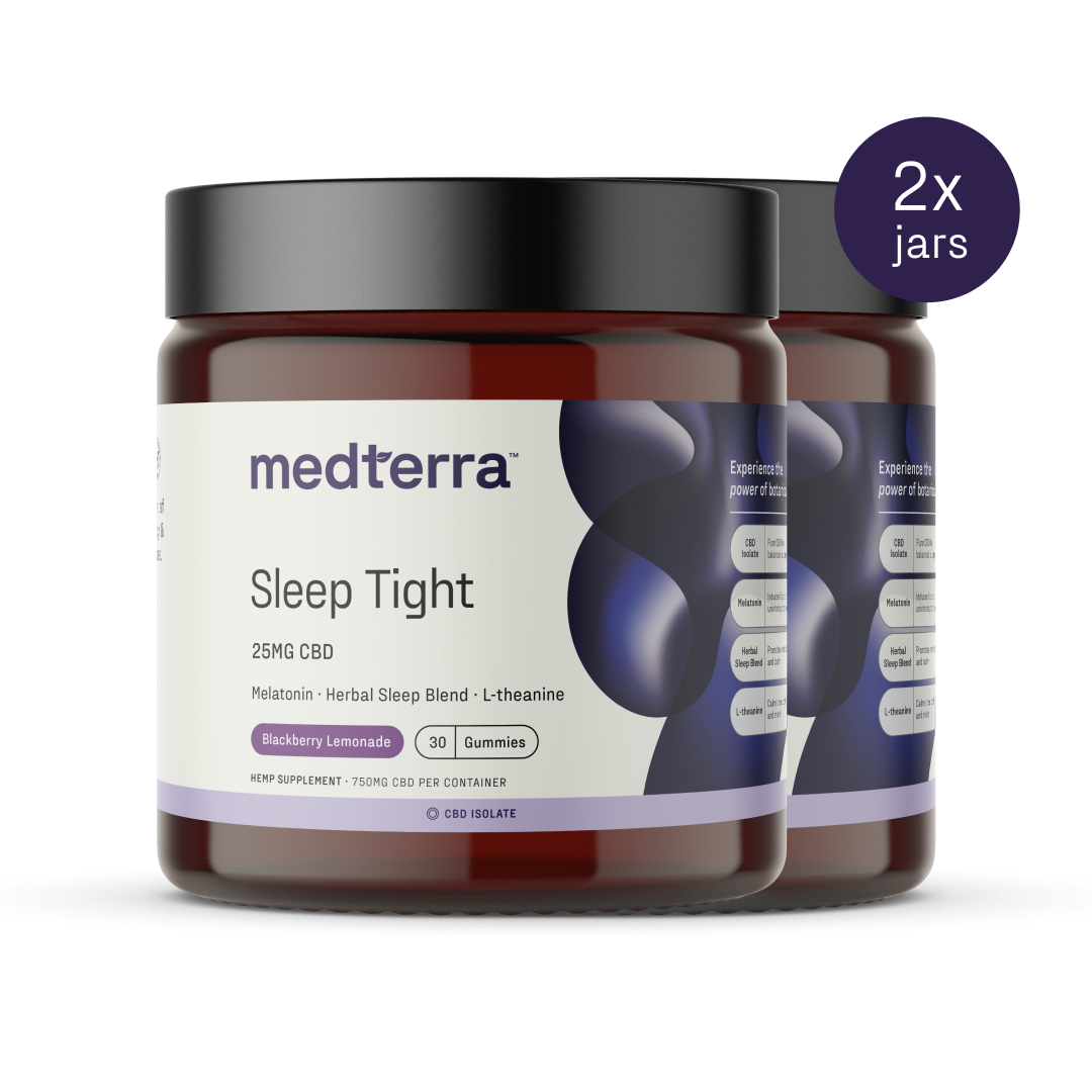 Image of two jars of Medterra's Sleep Tight CBD Gummies. Each jar contains 30 blackberry lemonade-flavored gummies enriched with melatonin, a herbal sleep blend, and L-theanine for enhanced sleep support. The label indicates 25mg of CBD per serving. A circular icon reads "2x jars.