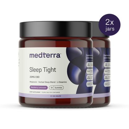 Image of two jars of Medterra's Sleep Tight CBD Gummies. Each jar contains 30 blackberry lemonade-flavored gummies enriched with melatonin, a herbal sleep blend, and L-theanine for enhanced sleep support. The label indicates 25mg of CBD per serving. A circular icon reads "2x jars.