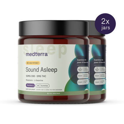 Two jars of Medterra Sound Asleep CBD Gummies are shown. Each jar contains 50mg CBD and 5mg THC, labeled as "high potency." The blackberry-flavored gummies also serve as a melatonin supplement, including L-theanine. Text on the jars emphasizes better sleep and highlights their role as effective sleep aids.