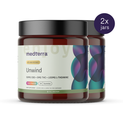 Two jars of Medterra Unwind CBD Gummies. The labels indicate they contain 50mg CBD, 5mg THC, and 100mg L-Theanine per serving, perfect for stress relief. Each jar has a total of 20 multi-flavored gummies. The image prominently features a "2x jars" label.