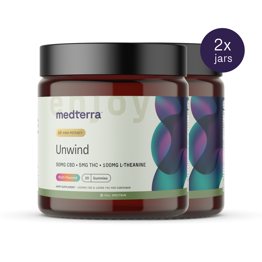 Two jars of Medterra Unwind CBD Gummies. The labels indicate they contain 50mg CBD, 5mg THC, and 100mg L-Theanine per serving, perfect for stress relief. Each jar has a total of 20 multi-flavored gummies. The image prominently features a "2x jars" label.