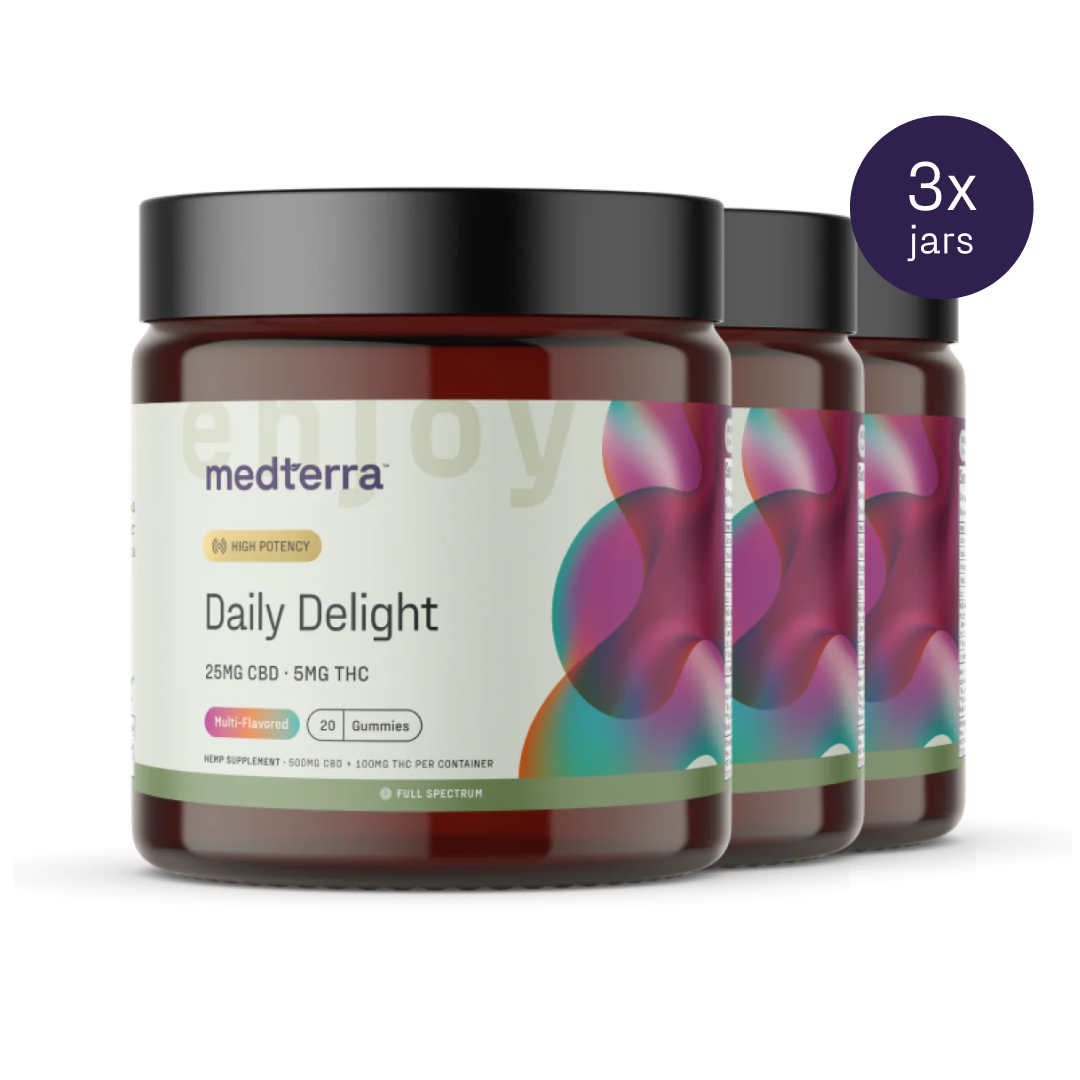 Three jars of Medterra's Daily Delight CBD Gummies are displayed. Each jar contains 20 multi-flavored gummies, with each gummy providing 25mg CBD and 5mg THC. The label features a white background with a gradient of purple and teal bubbles. Additionally, a "3x jars" label is visible in the top right corner.
