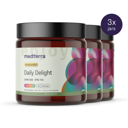 Three jars of Medterra's Daily Delight CBD Gummies are displayed. Each jar contains 20 multi-flavored gummies, with each gummy providing 25mg CBD and 5mg THC. The label features a white background with a gradient of purple and teal bubbles. Additionally, a "3x jars" label is visible in the top right corner.