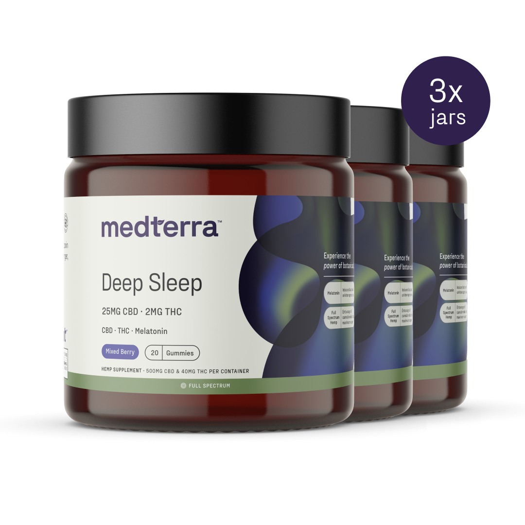 Three jars of Medterra Deep Sleep CBD Gummies are displayed. The label specifies that each jar contains 20 mixed berry-flavored gummies with 25mg CBD, 2mg THC, and melatonin. A purple circle in the top-right corner states "3x jars." These gummies feature Full Spectrum Hemp Extract to enhance your sleep quality.