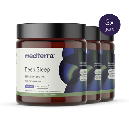 Three jars of Medterra Deep Sleep CBD Gummies are displayed. The label specifies that each jar contains 20 mixed berry-flavored gummies with 25mg CBD, 2mg THC, and melatonin. A purple circle in the top-right corner states "3x jars." These gummies feature Full Spectrum Hemp Extract to enhance your sleep quality.