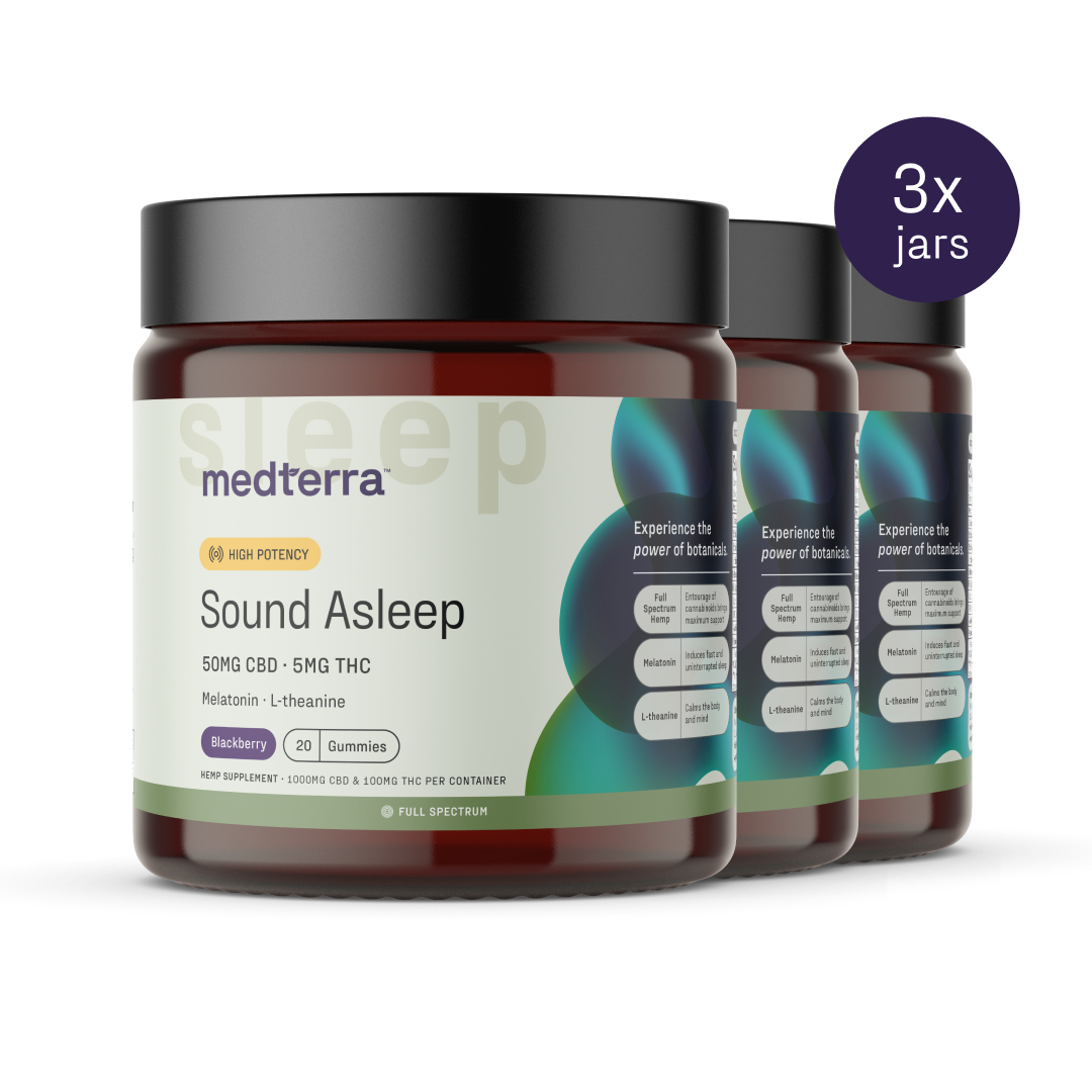 A set of three jars of Medterra Sound Asleep CBD Gummies, featuring high potency ingredients with 50mg CBD, 5mg THC, melatonin supplement, and L-theanine. The label highlights the blackberry flavor and the jar claims "Experience the power of botanicals." Perfect sleep aids for a restful night.