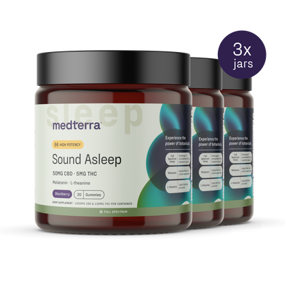 A set of three jars of Medterra Sound Asleep CBD Gummies, featuring high potency ingredients with 50mg CBD, 5mg THC, melatonin supplement, and L-theanine. The label highlights the blackberry flavor and the jar claims "Experience the power of botanicals." Perfect sleep aids for a restful night.