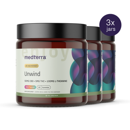 Image of three jars of Medterra's Unwind CBD Gummies. Each jar contains 20 gummies, with 50mg of CBD, 5mg of THC, and 100mg of L-Theanine per container. The product is labeled "High Potency" and comes in a multi-flavored option designed for stress relief. A label in the top right corner reads "3x jars.