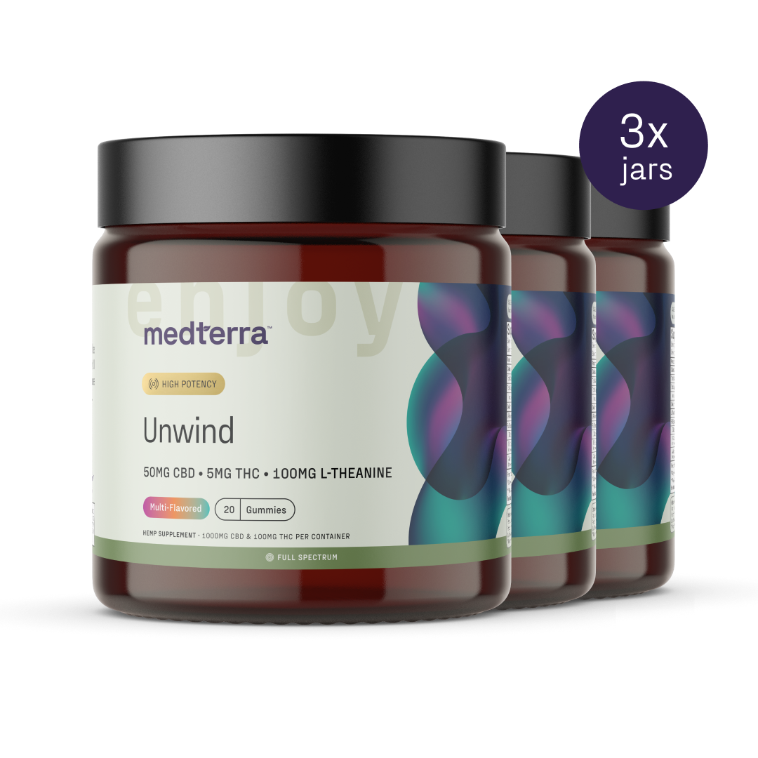 Image of three jars of Medterra's Unwind CBD Gummies. Each jar contains 20 gummies, with 50mg of CBD, 5mg of THC, and 100mg of L-Theanine per container. The product is labeled "High Potency" and comes in a multi-flavored option designed for stress relief. A label in the top right corner reads "3x jars.